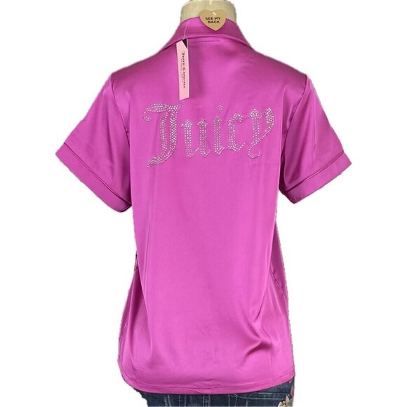 Juicy Couture L Pink Satin Logo Studded Button Short Sleeve & Shorts Pajama Set - Picture 4 of 7